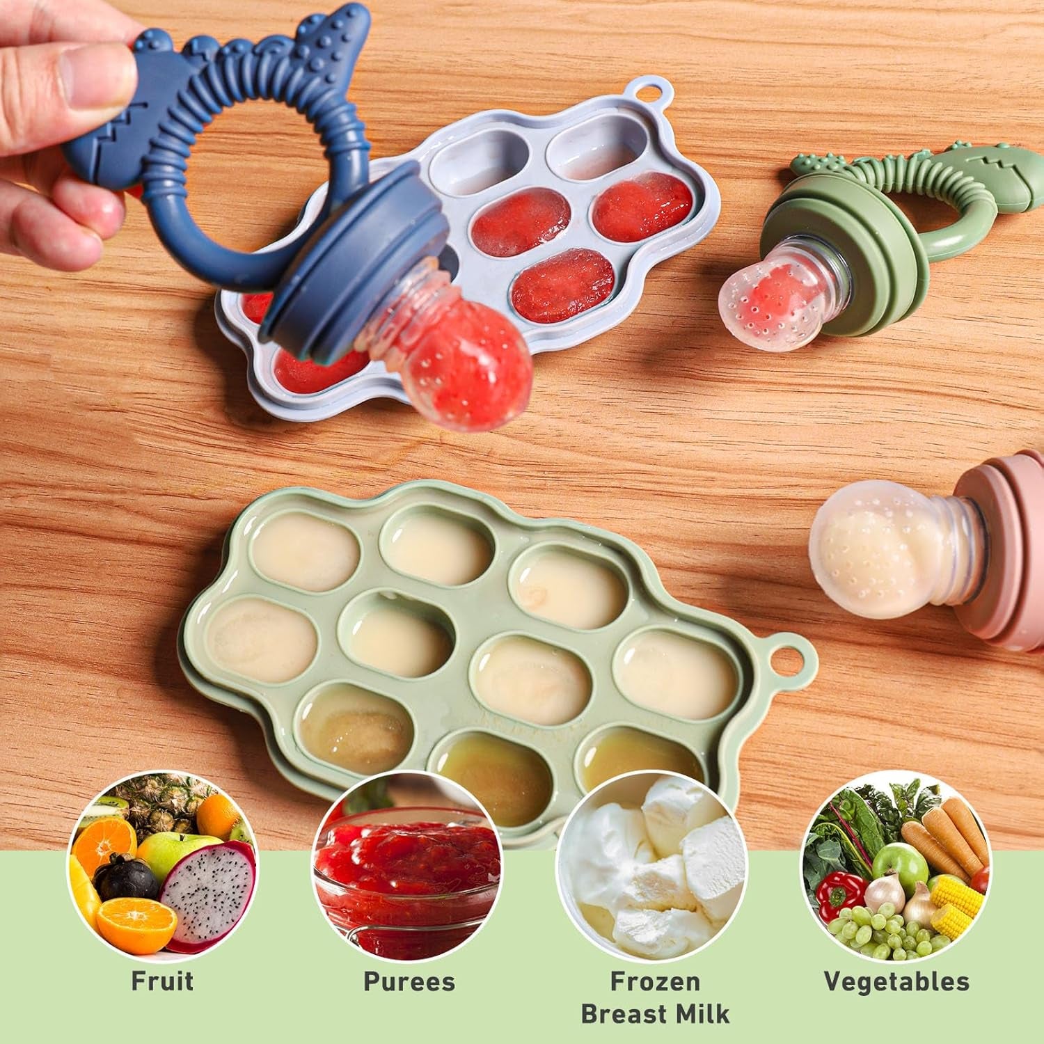 Baby Breastmilk Popsicle Molds & Baby Fruit Feeder Pacifier, Silicone Baby Food Freezer Tray Storage Containers for Infant Teething Self Feeding