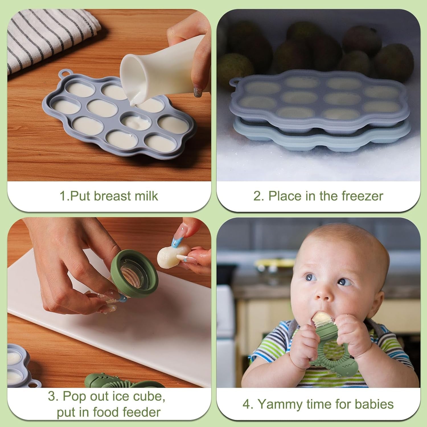 Baby Breastmilk Popsicle Molds & Baby Fruit Feeder Pacifier, Silicone Baby Food Freezer Tray Storage Containers for Infant Teething Self Feeding