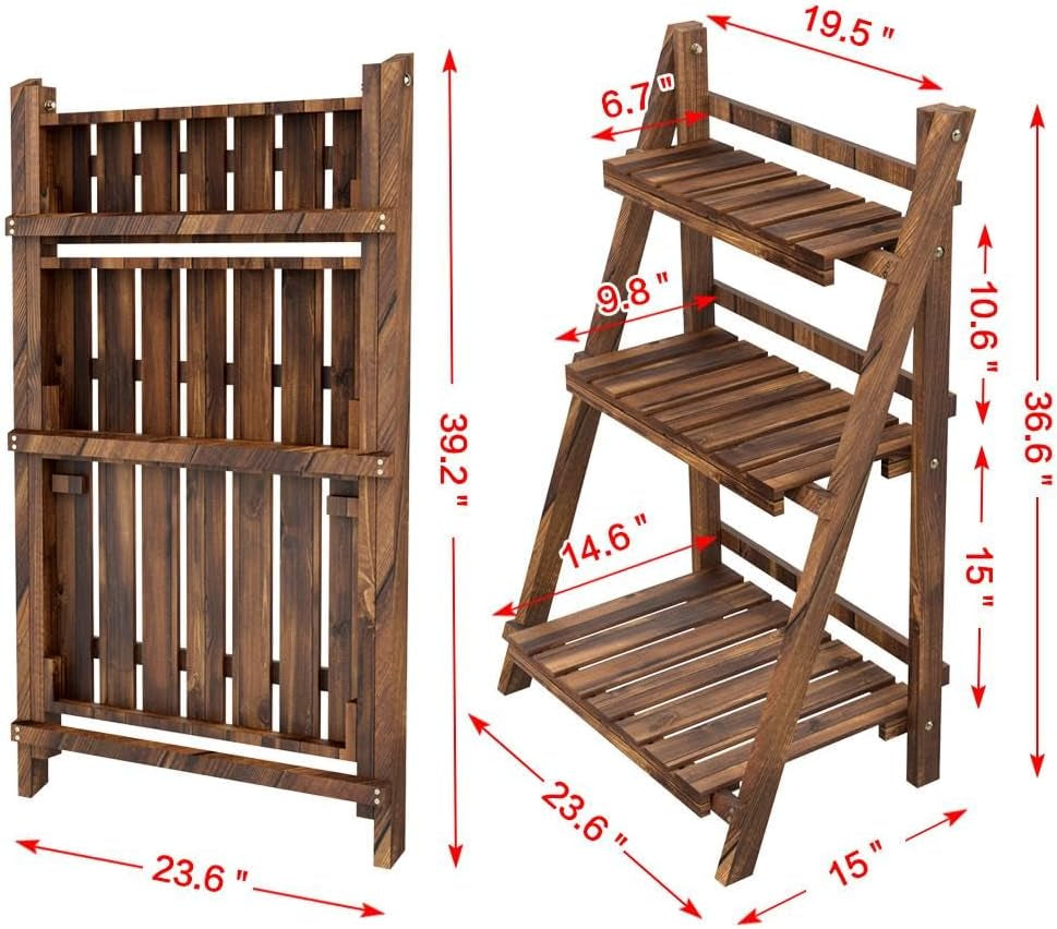 Folding Plant Stand Wooden Foldable Plant Shelf 3-Tier Flower Pot Stand Plants Display Shelf Rack Ladder Garden Indoors Outdoors 23.6 X 15 X 36.6In