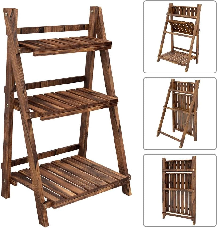 Folding Plant Stand Wooden Foldable Plant Shelf 3-Tier Flower Pot Stand Plants Display Shelf Rack Ladder Garden Indoors Outdoors 23.6 X 15 X 36.6In