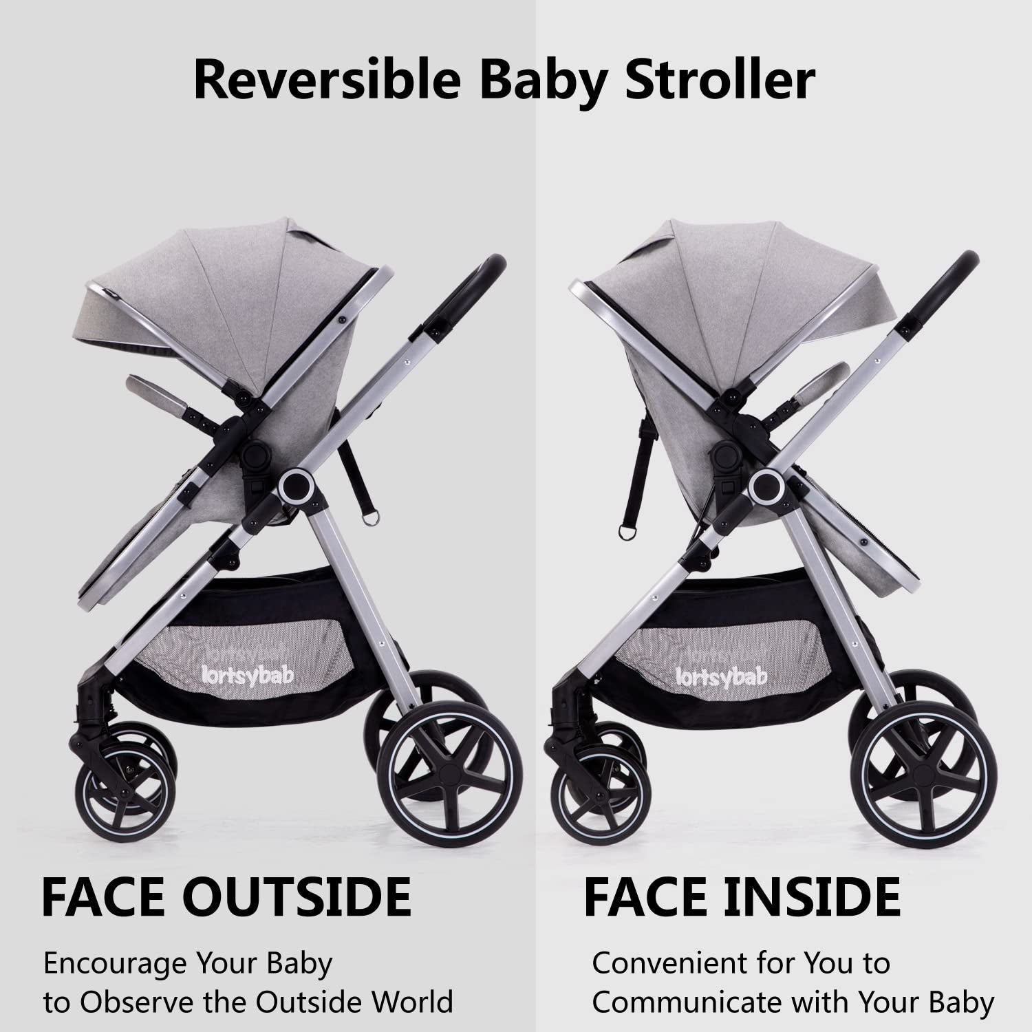 2-In-1 Baby Stroller with Bassinet Mode - Folding Infant Newborn Pram Stroller with Reversible Seat - Toddler Strollers for 0-36 Months Old Babies (Gery)