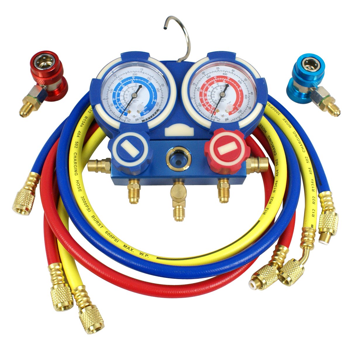 Diagnostic A/C Manifold Gauge Set R134a Refrigeration Kit Brass Auto Serivice Kit 4FT w/Case, 1/4" SAE Fittings