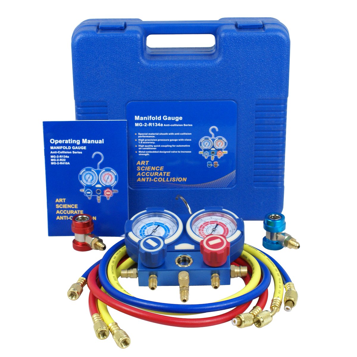 Diagnostic A/C Manifold Gauge Set R134a Refrigeration Kit Brass Auto Serivice Kit 4FT w/Case, 1/4" SAE Fittings