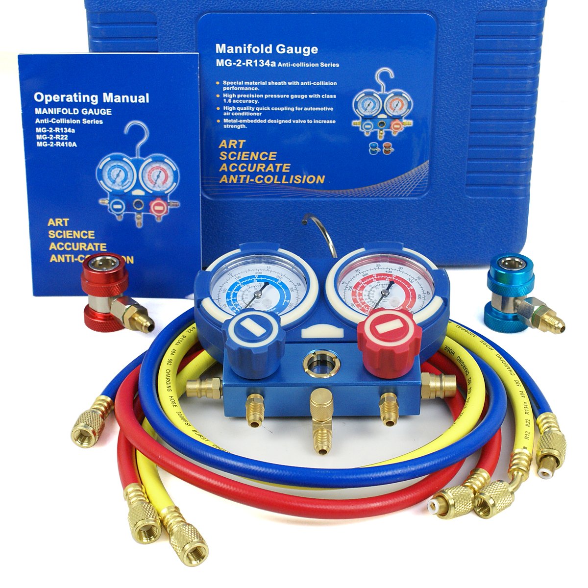 Diagnostic A/C Manifold Gauge Set R134a Refrigeration Kit Brass Auto Serivice Kit 4FT w/Case, 1/4" SAE Fittings