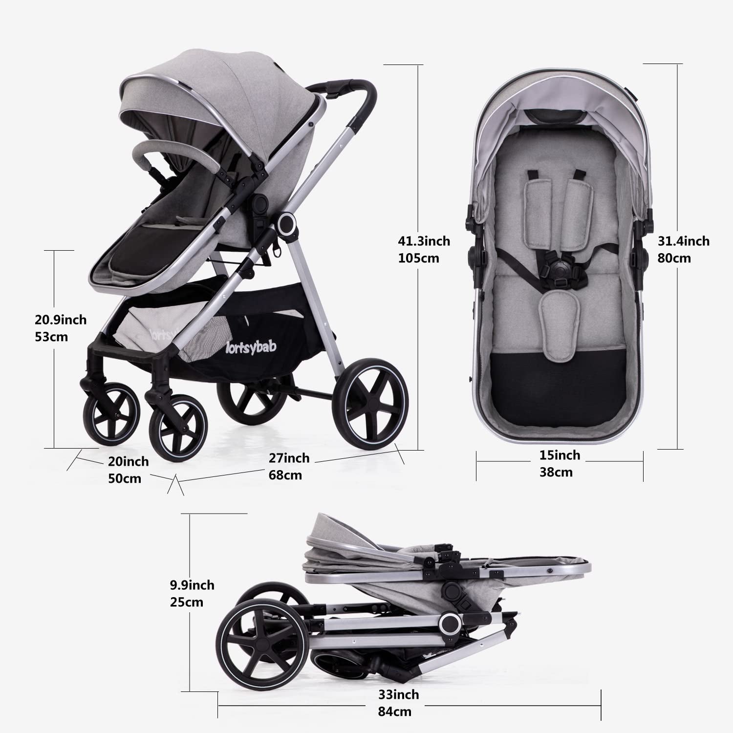2-In-1 Baby Stroller with Bassinet Mode - Folding Infant Newborn Pram Stroller with Reversible Seat - Toddler Strollers for 0-36 Months Old Babies (Gery)