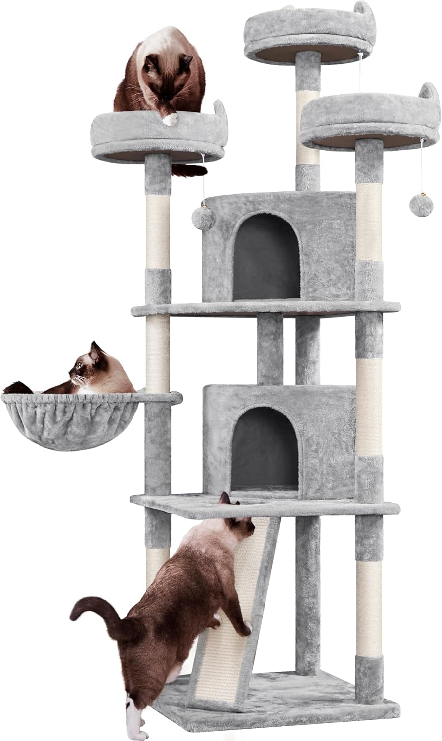 68.5In Multi-Level Large Cat Condo with Sisal-Covered Platforms Scratching Board & Scratching Posts, Cozy Perches, Stable Cat Tower/Tree Pet Play House, Dark Gray