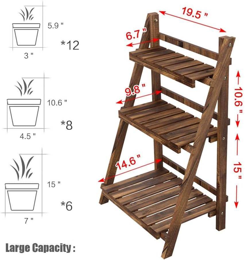 Folding Plant Stand Wooden Foldable Plant Shelf 3-Tier Flower Pot Stand Plants Display Shelf Rack Ladder Garden Indoors Outdoors 23.6 X 15 X 36.6In