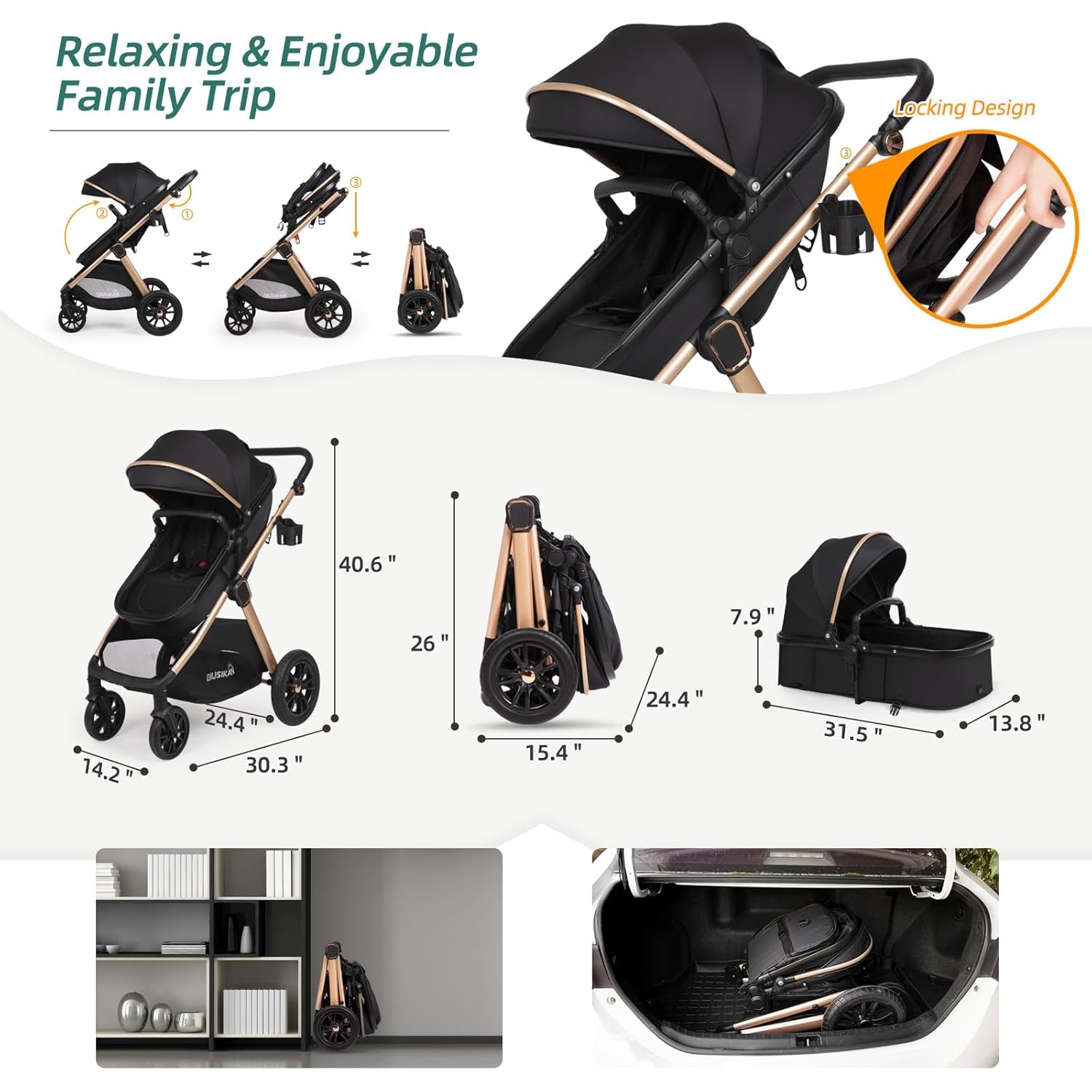 6-In-1 Convertible Baby Stroller with Bassinet Mode - Toddler Stroller W/Footmuff, Rain Cover, Cup Holder & Large Storage, Newborn Stroller W/All-Scene Large Wheels, Reversible Seat(Black)