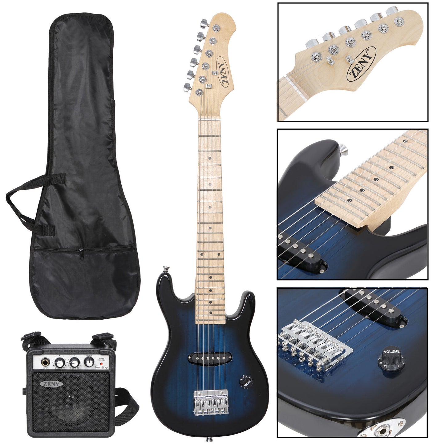 30" Blue Full Size Beginner Electric Guitar Set with Case Strap Capo Strings