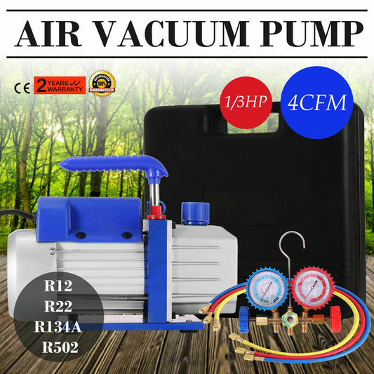 110V Combo 4CFM 1/3HP Air Vacuum Pump HVAC + R134A Kit AC A/C Manifold Gauge Set