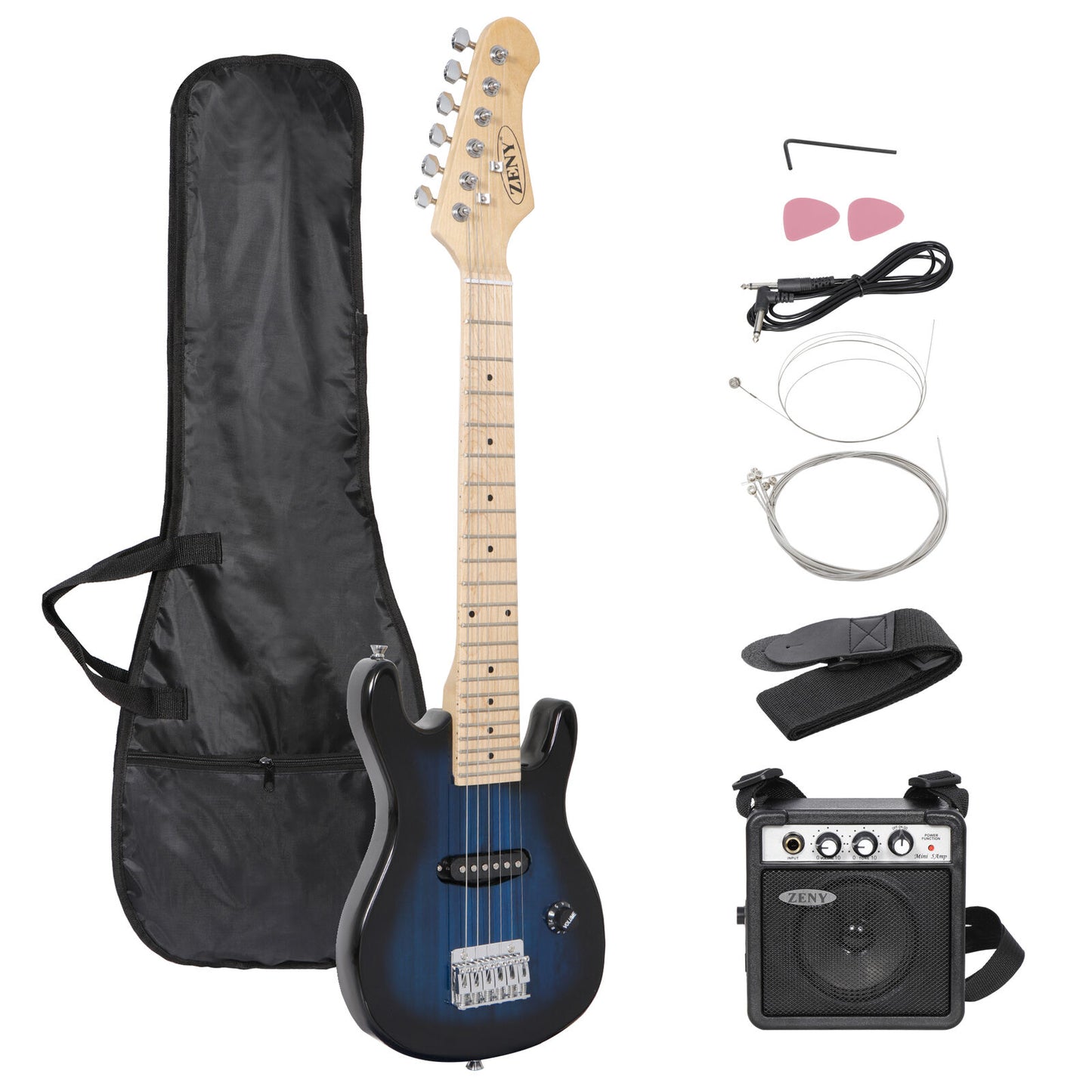 30" Blue Full Size Beginner Electric Guitar Set with Case Strap Capo Strings