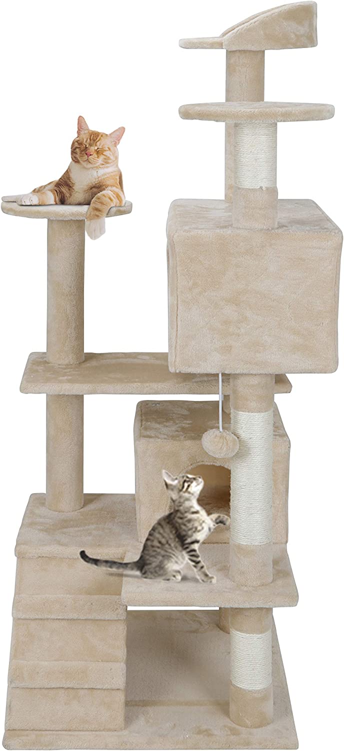 53 inches Cat Tree with Sisal-Covered Scratching Posts and 2 Plush Rooms Cat Furniture for Kittens
