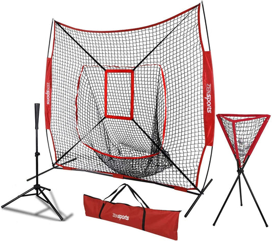 Baseball Softball Net Combo 7x7 Hitting Net Baseball Backstop Practice Net for Pitching Catching, with Batting Tee, Ball Caddy, Strike Zone and Carry Bag