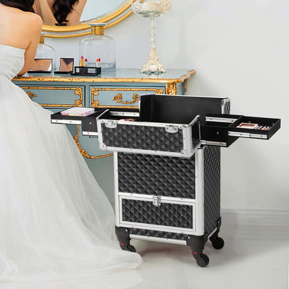 Rolling Makeup Train Case Aluminum Cosmetic Case with Wheels Barber Case Salon Lockable Travel Trolley with Sliding Drawers Removable Divider, Black/Silver