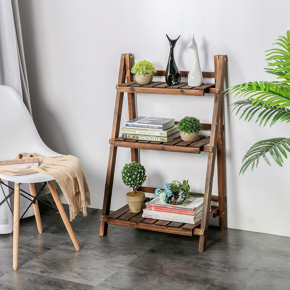 Folding Plant Stand Wooden Foldable Plant Shelf 3-Tier Flower Pot Stand Plants Display Shelf Rack Ladder Garden Indoors Outdoors 23.6 X 15 X 36.6In