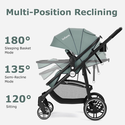 2 in 1 Baby Stroller, High Landscape Infant Stroller &amp; Reversible Bassinet Pram, Foldable Pushchair with Adjustable Canopy, Cup Holder, Storage Basket, Suspension Wheels (Green)