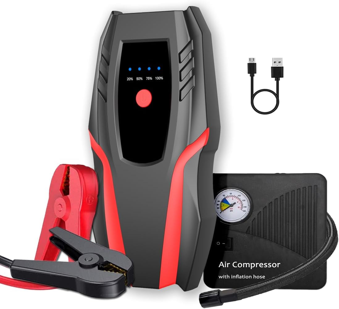 12V Auto Jump Starter Pack with Air Compressor, Peak Current 2000A, Car Lithium Battery Charger Jumper Box Tire Air Pump, Portable Power Bank for 8.0L Gas and 5.0L Diesel with Quick Charge