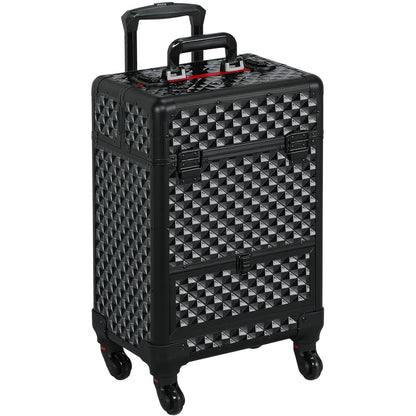 Rolling Makeup Train Case Aluminum Cosmetic Case with Wheels Barber Case Salon Lockable Travel Trolley with Sliding Drawers Removable Divider, Black/Silver