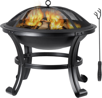 22’’ Outdoor Fire Pits Wood Burning Firepit Patio Fire Bowl with BBQ Grill, Spark Screen and Fire Poker