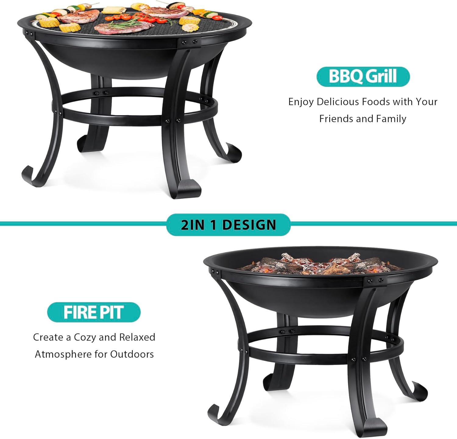 22’’ Outdoor Fire Pits Wood Burning Firepit Patio Fire Bowl with BBQ Grill, Spark Screen and Fire Poker