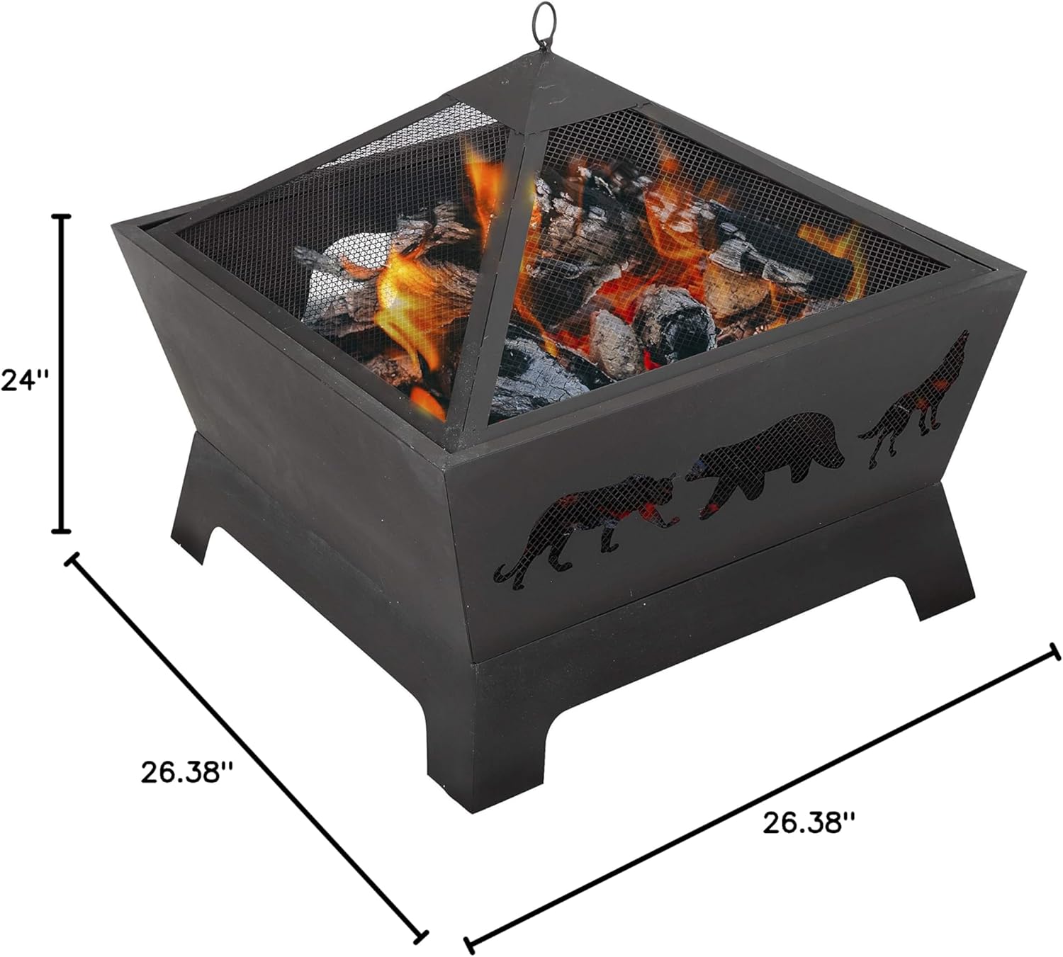 26 inch Heavy Duty Steel Square Wood Burning Patio Firepit Bowl with Screen Waterproof Cover and Poker