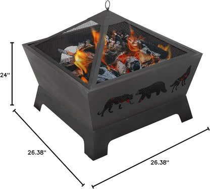26 inch Heavy Duty Steel Square Wood Burning Patio Firepit Bowl with Screen Waterproof Cover and Poker
