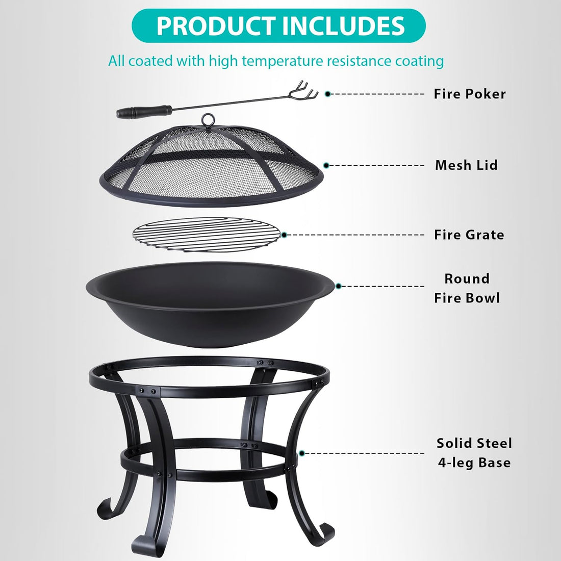 22’’ Outdoor Fire Pits Wood Burning Firepit Patio Fire Bowl with BBQ Grill, Spark Screen and Fire Poker