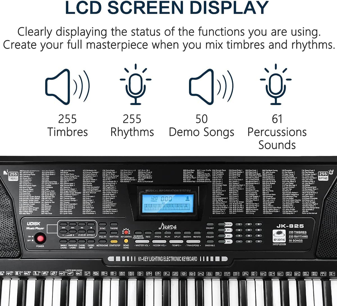 61 Key Portable Electronic Keyboard Piano W/Lighted Full Size Keys, LCD, Headphones, X-Stand, Stool, Music Rest, Microphone, Note Stickers, Built-In Speakers,3 Teaching Modes