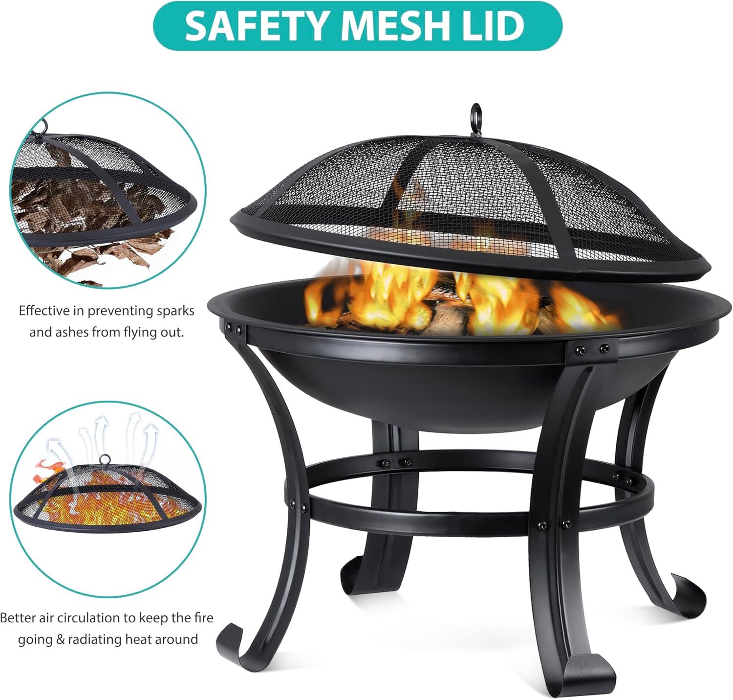 22’’ Outdoor Fire Pits Wood Burning Firepit Patio Fire Bowl with BBQ Grill, Spark Screen and Fire Poker