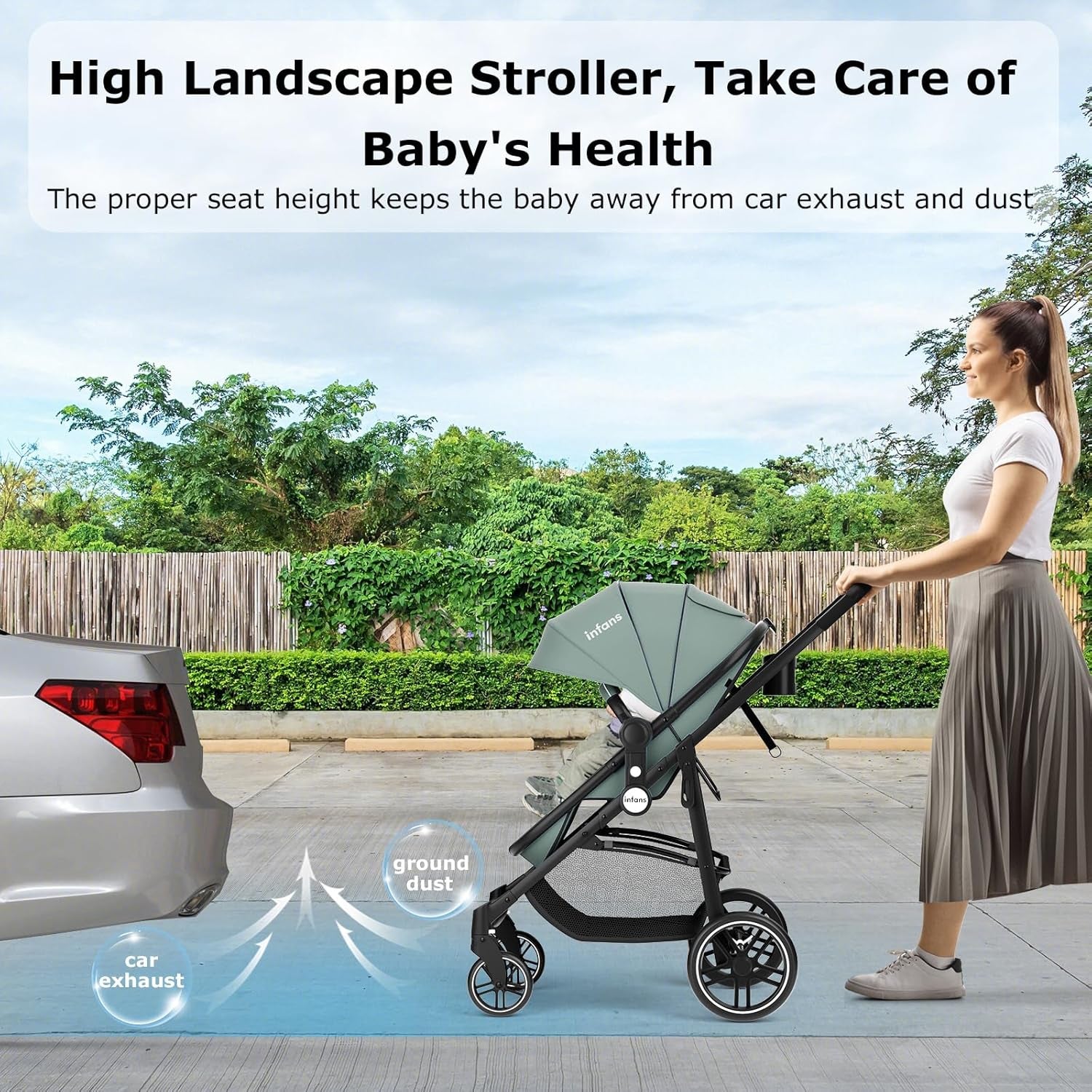 2 in 1 Baby Stroller, High Landscape Infant Stroller &amp; Reversible Bassinet Pram, Foldable Pushchair with Adjustable Canopy, Cup Holder, Storage Basket, Suspension Wheels (Green)