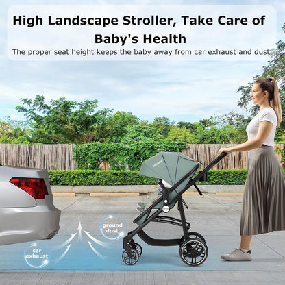 2 in 1 Baby Stroller, High Landscape Infant Stroller &amp; Reversible Bassinet Pram, Foldable Pushchair with Adjustable Canopy, Cup Holder, Storage Basket, Suspension Wheels (Green)