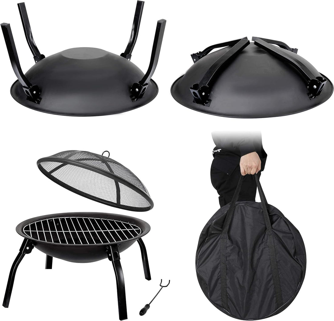 22 Inch Outdoor Wood Burning Backyard Patio Fireplace with Grill Fire Poker Screen Cover and Carry Case Indoor Outdoor BBQ