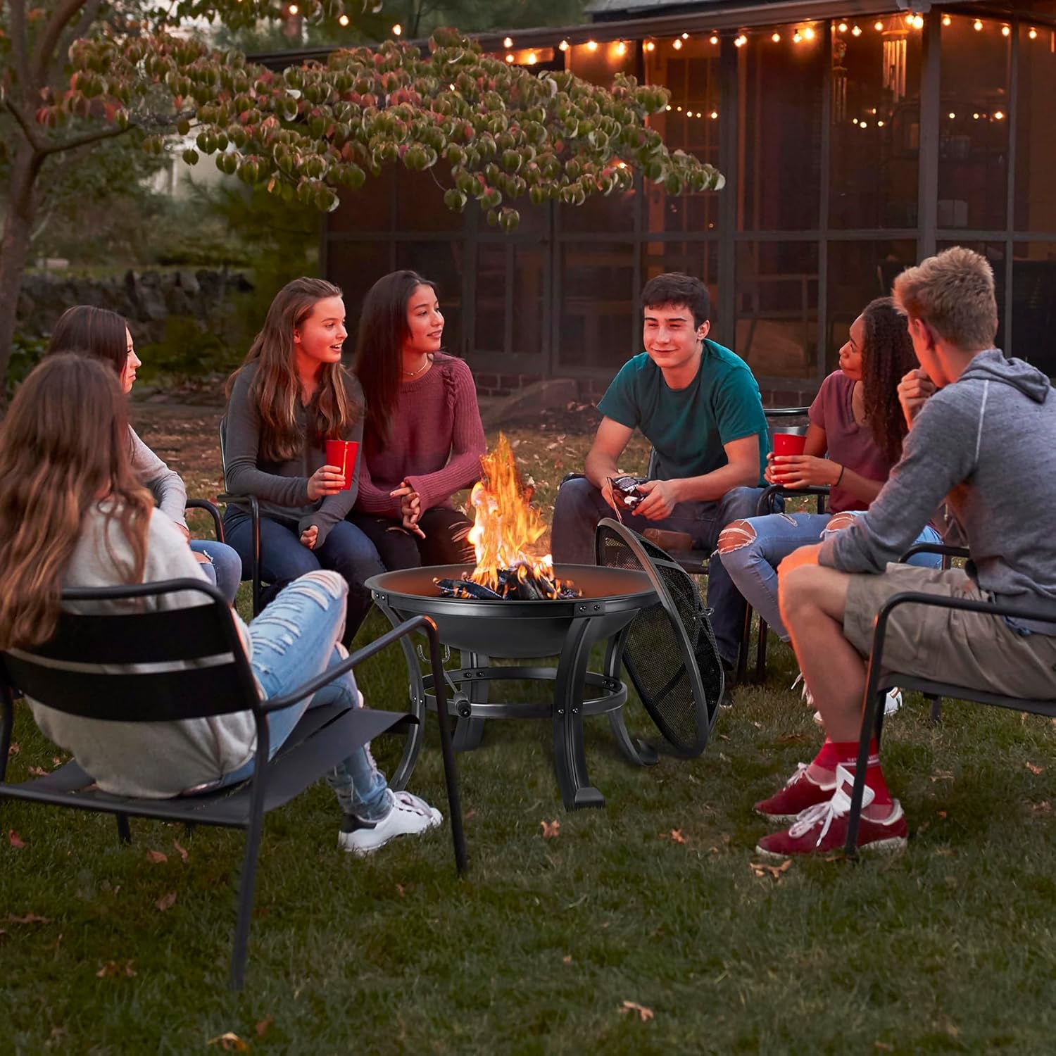 22’’ Outdoor Fire Pits Wood Burning Firepit Patio Fire Bowl with BBQ Grill, Spark Screen and Fire Poker