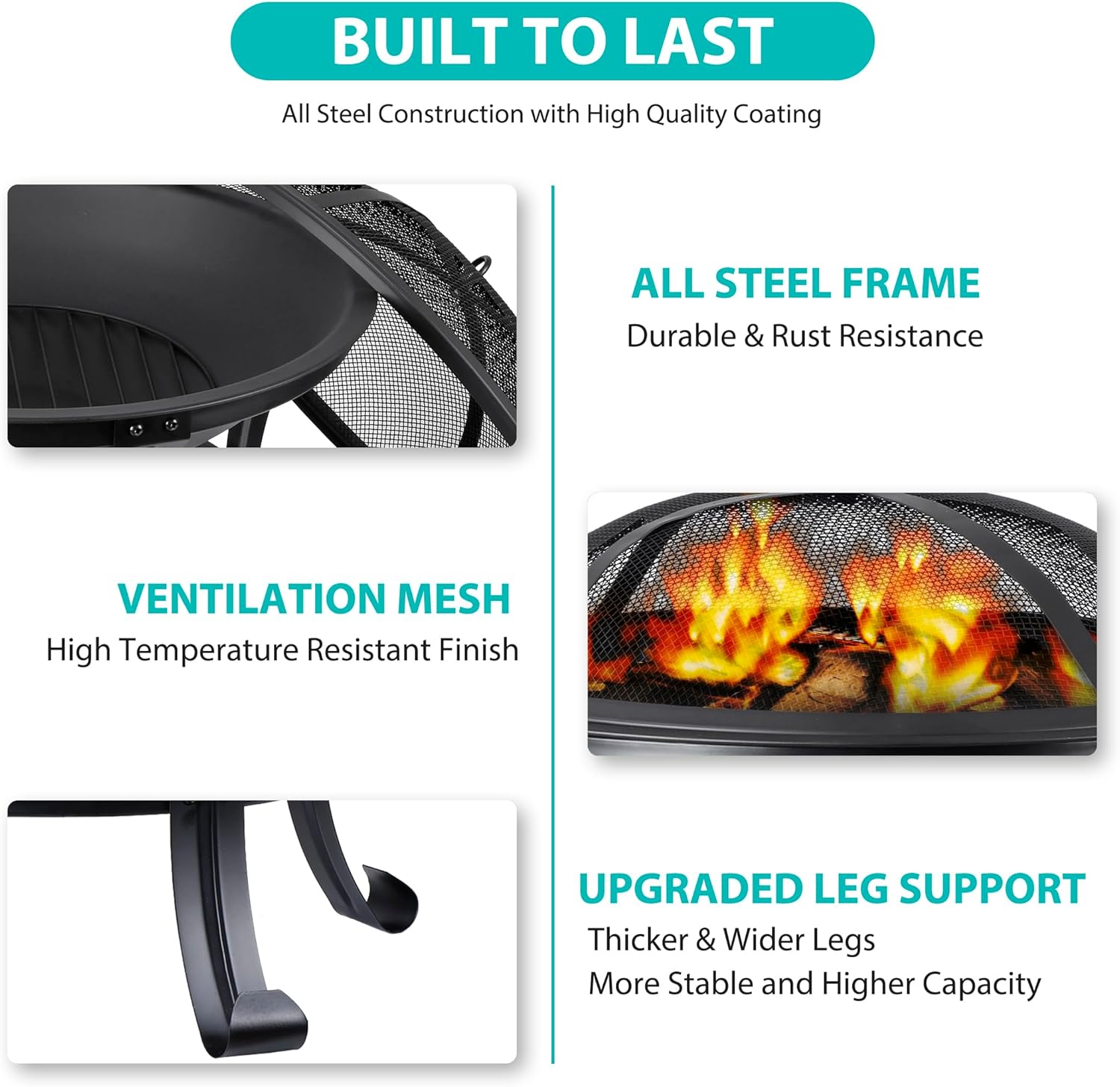 22’’ Outdoor Fire Pits Wood Burning Firepit Patio Fire Bowl with BBQ Grill, Spark Screen and Fire Poker