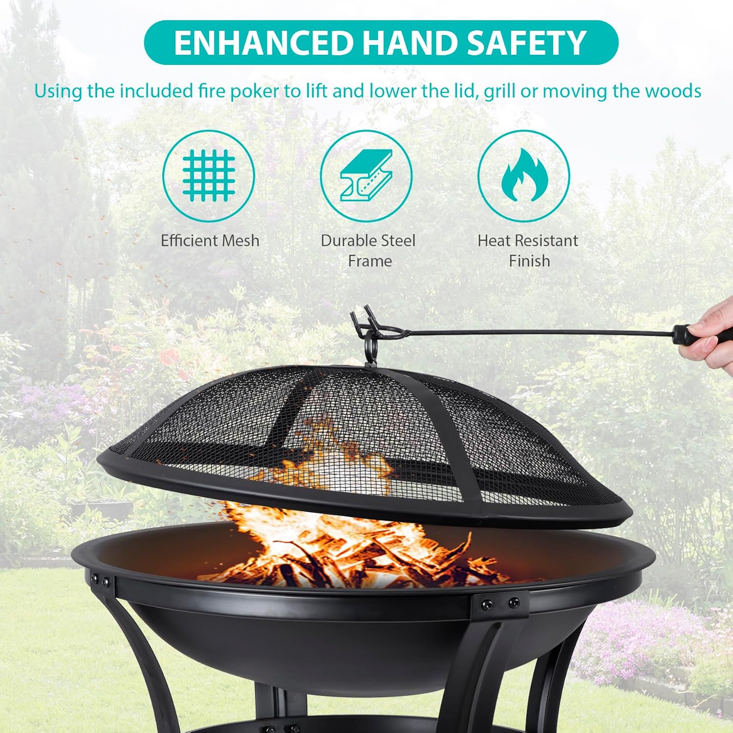 22’’ Outdoor Fire Pits Wood Burning Firepit Patio Fire Bowl with BBQ Grill, Spark Screen and Fire Poker