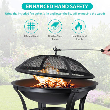 22’’ Outdoor Fire Pits Wood Burning Firepit Patio Fire Bowl with BBQ Grill, Spark Screen and Fire Poker