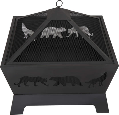 26 inch Heavy Duty Steel Square Wood Burning Patio Firepit Bowl with Screen Waterproof Cover and Poker