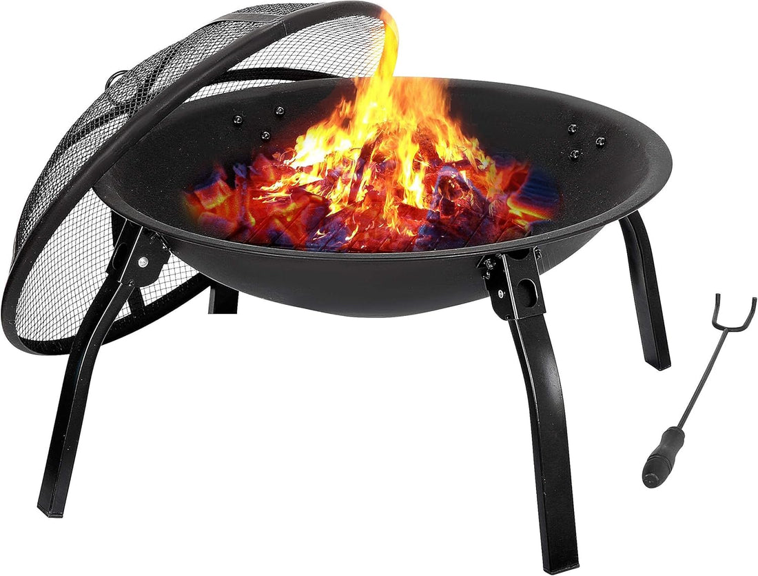 22 Inch Outdoor Wood Burning Backyard Patio Fireplace with Grill Fire Poker Screen Cover and Carry Case Indoor Outdoor BBQ