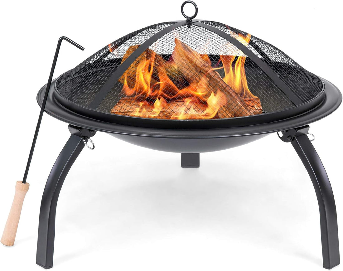 22In Steel Fire Pit Bowl, Outdoor Portable Folding Firepit, Small Wood Burning Bonfire Pit, Camping BBQ Grill for Patio, Backyard, outside W/Screen Cover, Log Grate, Poker