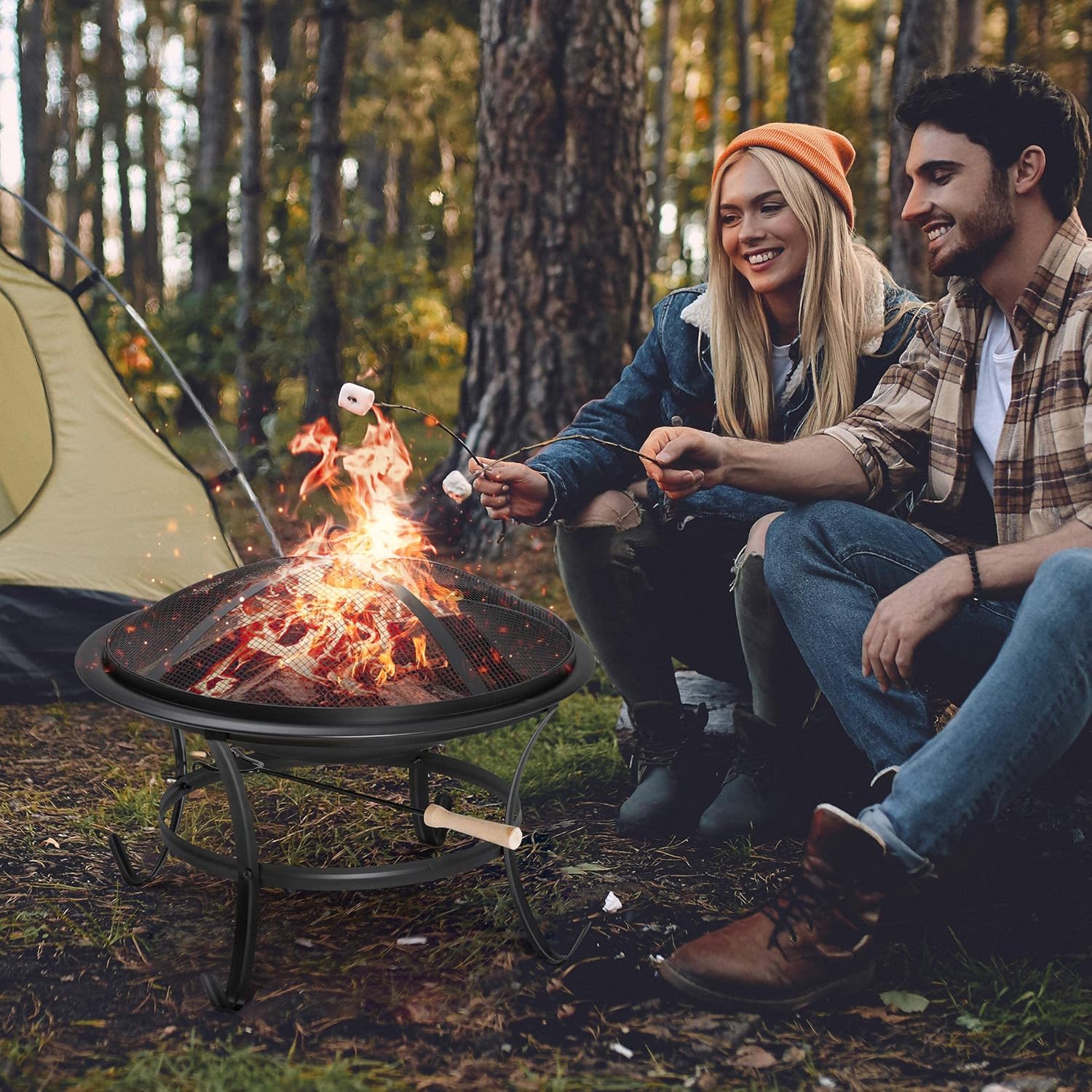 22’’ Outdoor Fire Pits Wood Burning Firepit Patio Fire Bowl with BBQ Grill, Spark Screen and Fire Poker