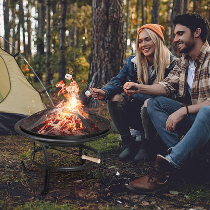 22’’ Outdoor Fire Pits Wood Burning Firepit Patio Fire Bowl with BBQ Grill, Spark Screen and Fire Poker