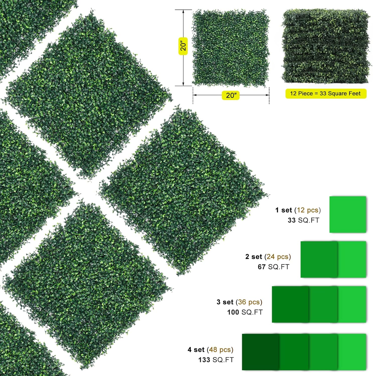 12PCS 20&quot;x20&quot; Artificial Hedge Wall Screen 4 Layers Plant Wall