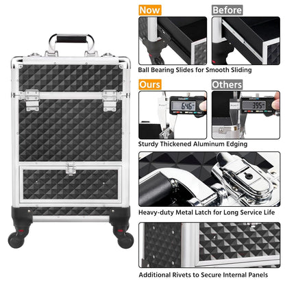 Rolling Makeup Train Case Aluminum Cosmetic Case with Wheels Barber Case Salon Lockable Travel Trolley with Sliding Drawers Removable Divider, Black/Silver