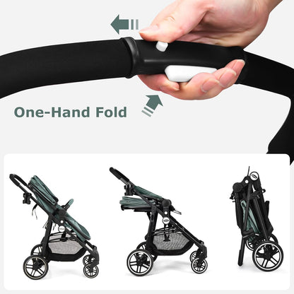 2 in 1 Baby Stroller, High Landscape Infant Stroller &amp; Reversible Bassinet Pram, Foldable Pushchair with Adjustable Canopy, Cup Holder, Storage Basket, Suspension Wheels (Green)