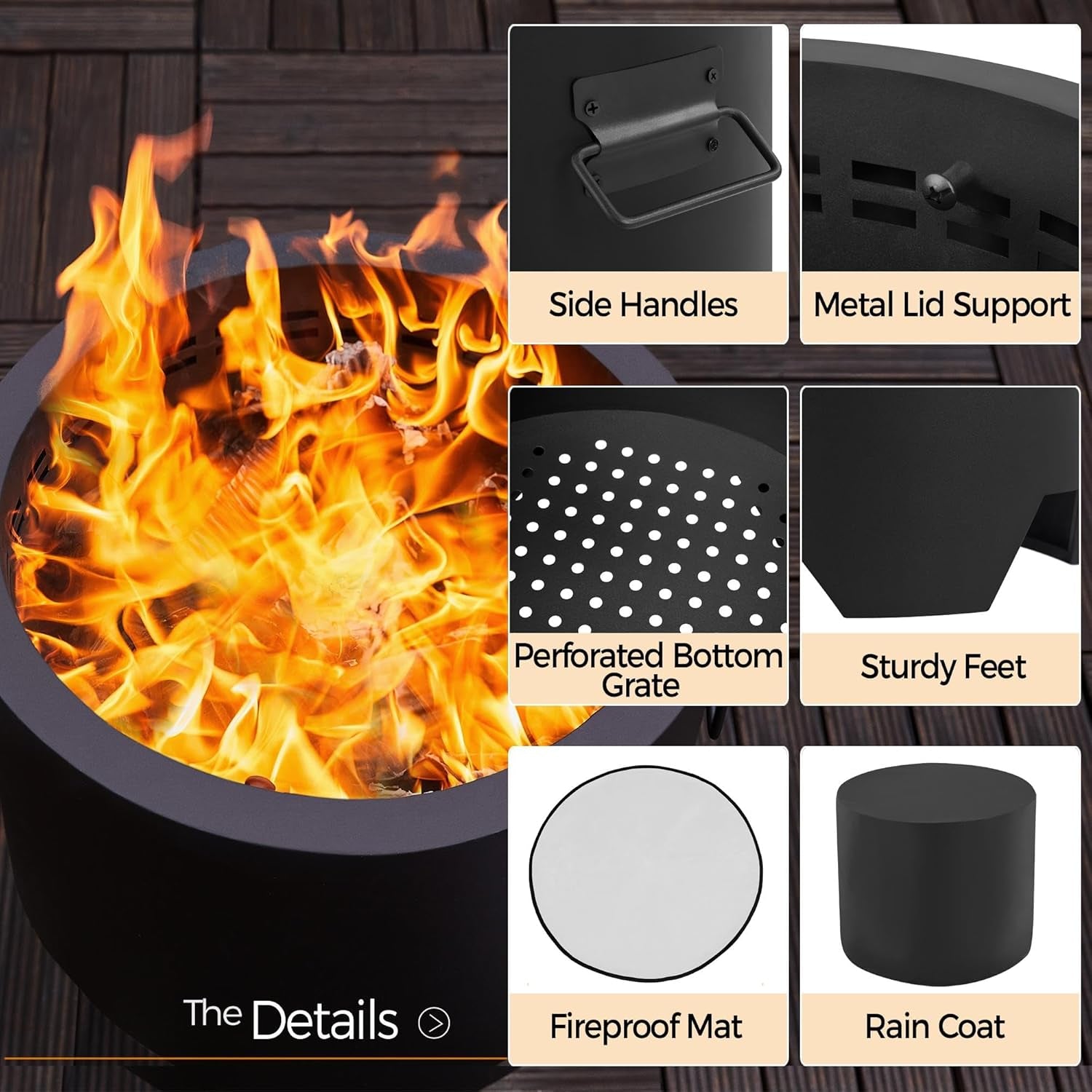 Fire Pit 23.5In Smokeless Fire Pit Tabletop with Stand Outdoor Wood Burning Firepit Set for outside Camping with Silicone Mat &amp; Fire Poker &amp; Rain Cover &amp; Lid &amp; Log Grate