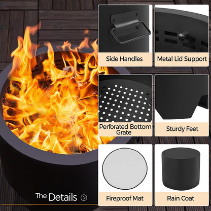 Fire Pit 23.5In Smokeless Fire Pit Tabletop with Stand Outdoor Wood Burning Firepit Set for outside Camping with Silicone Mat &amp; Fire Poker &amp; Rain Cover &amp; Lid &amp; Log Grate