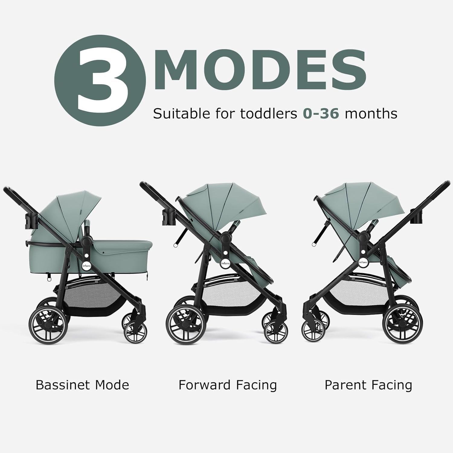 2 in 1 Baby Stroller, High Landscape Infant Stroller &amp; Reversible Bassinet Pram, Foldable Pushchair with Adjustable Canopy, Cup Holder, Storage Basket, Suspension Wheels (Green)