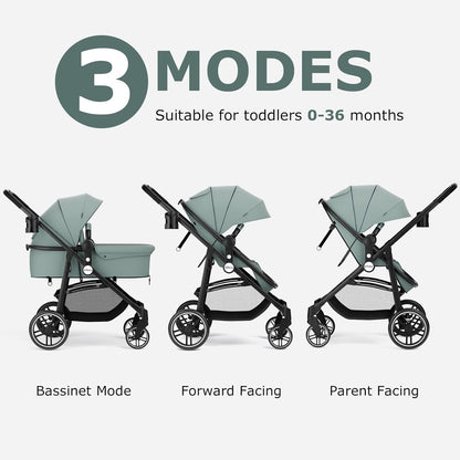 2 in 1 Baby Stroller, High Landscape Infant Stroller &amp; Reversible Bassinet Pram, Foldable Pushchair with Adjustable Canopy, Cup Holder, Storage Basket, Suspension Wheels (Green)