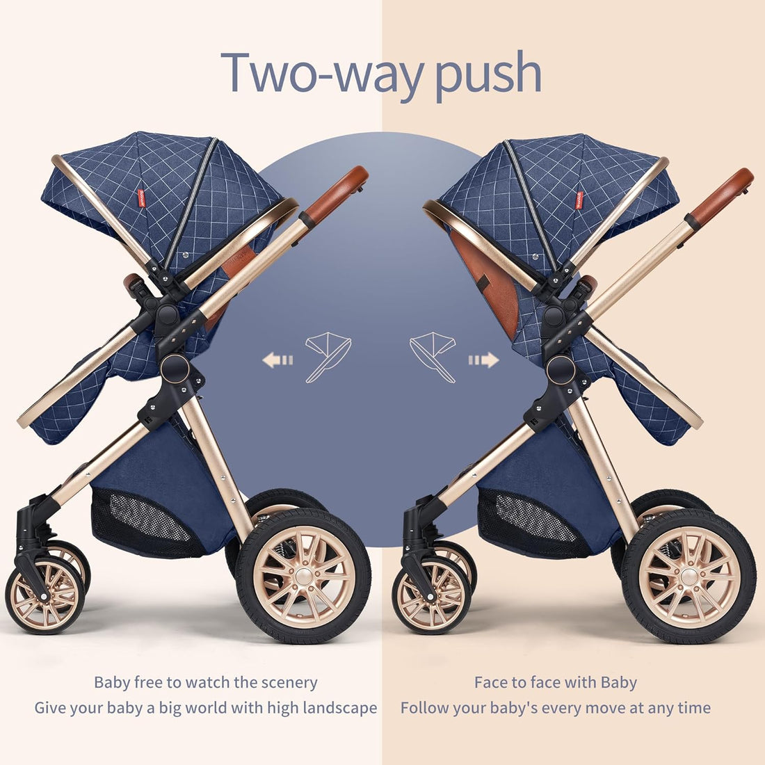 Baby Travel System Infant 3 in 1 Baby Stroller Pushchair High Landscape Reversible Foldable Portable Stroller Newborn Pram Reclining Baby Carriage (With Base Brown)