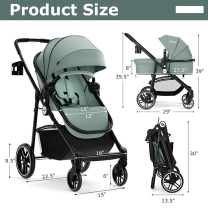 2 in 1 Baby Stroller, High Landscape Infant Stroller &amp; Reversible Bassinet Pram, Foldable Pushchair with Adjustable Canopy, Cup Holder, Storage Basket, Suspension Wheels (Green)
